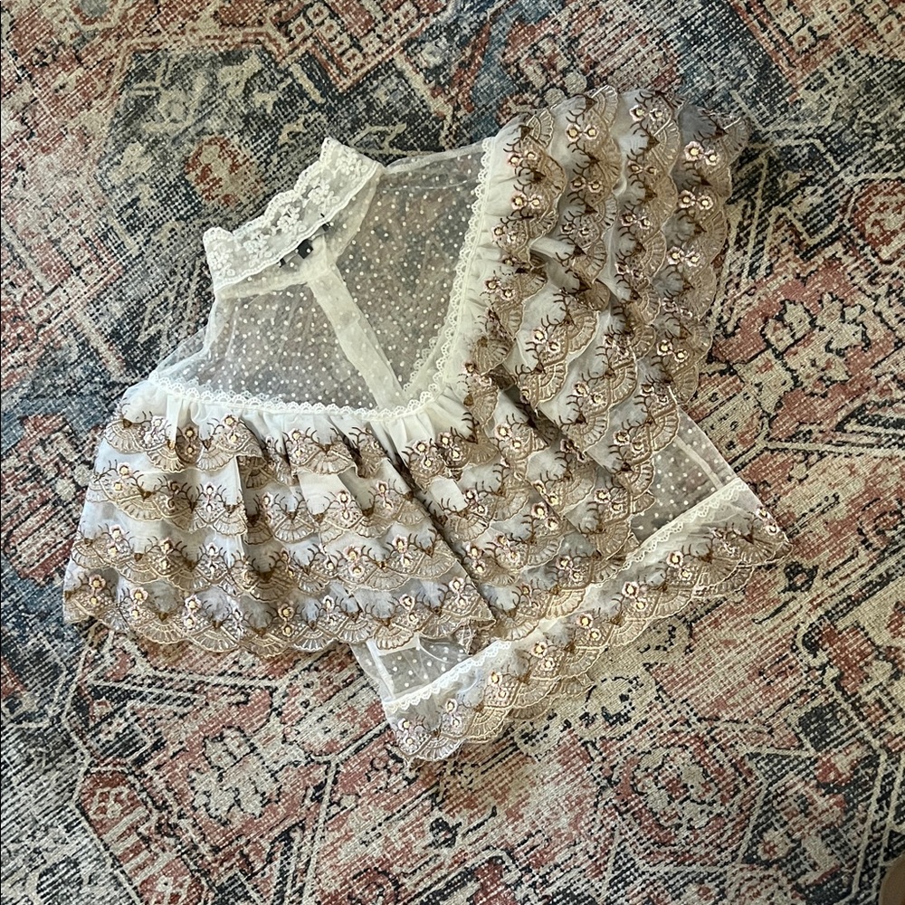 BEULAH Style Victorian-Inspired White Lace Blouse with Golden Embroidery Size: S - Picture 10 of 13